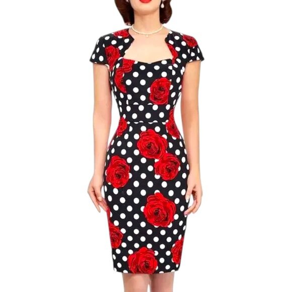Grace Karin Dresses & Skirts - Grace Karin 1950s Polka Dot Roses Cotton Cap Sleeved Dress - Red/Black/White - L